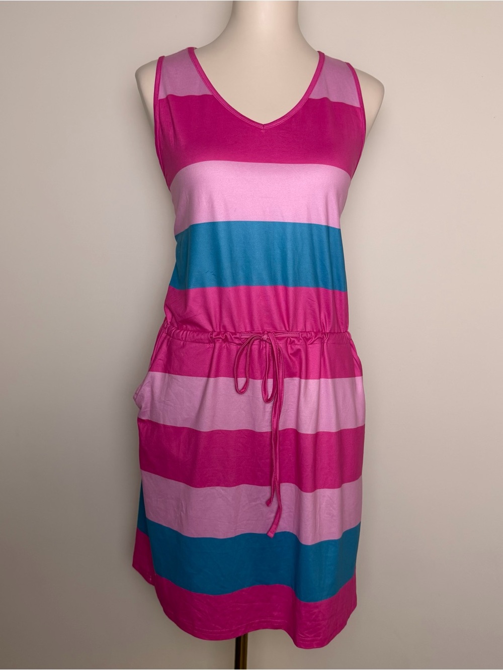 Auselily Striped T-Shirt Dress Medium Pink Blue Drawstring Casual Pockets